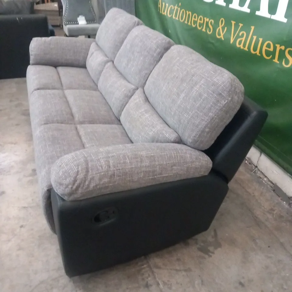 DESIGNER GREY FABRIC AND BLACK FAUX LEATHER MANUAL RECLINING THREE SEATER SOFA