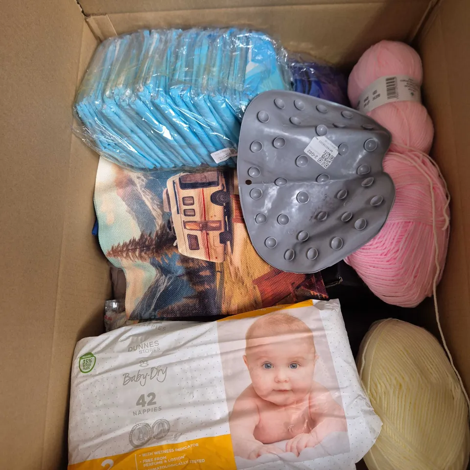 BOX OF APPROXIMATELY 15 ASSORTED ITEMS INCLUDING PAW PATROL CUSHION, KORDA COMPAC GOO BAG SMALL AND DUNNES STORES BABY DRY 42 NAPPIES