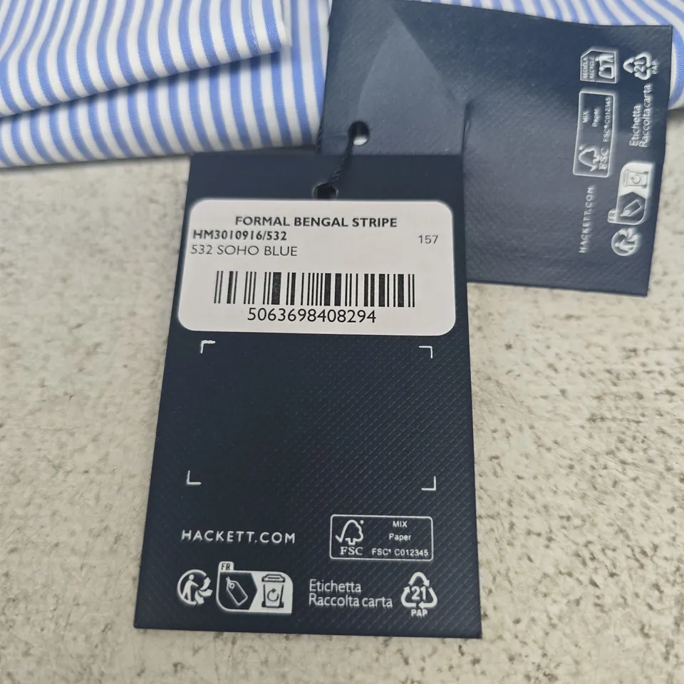 HACKET LONDON BLUE/WHITE STRIPE SHIT NECK 15.7