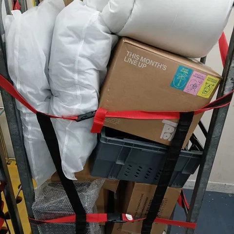 APPROXIMATELY 10 ASSORTED ITEMS TO INCLUDE WEIGHTS, PILLOWS, POT GANG SET, ETC