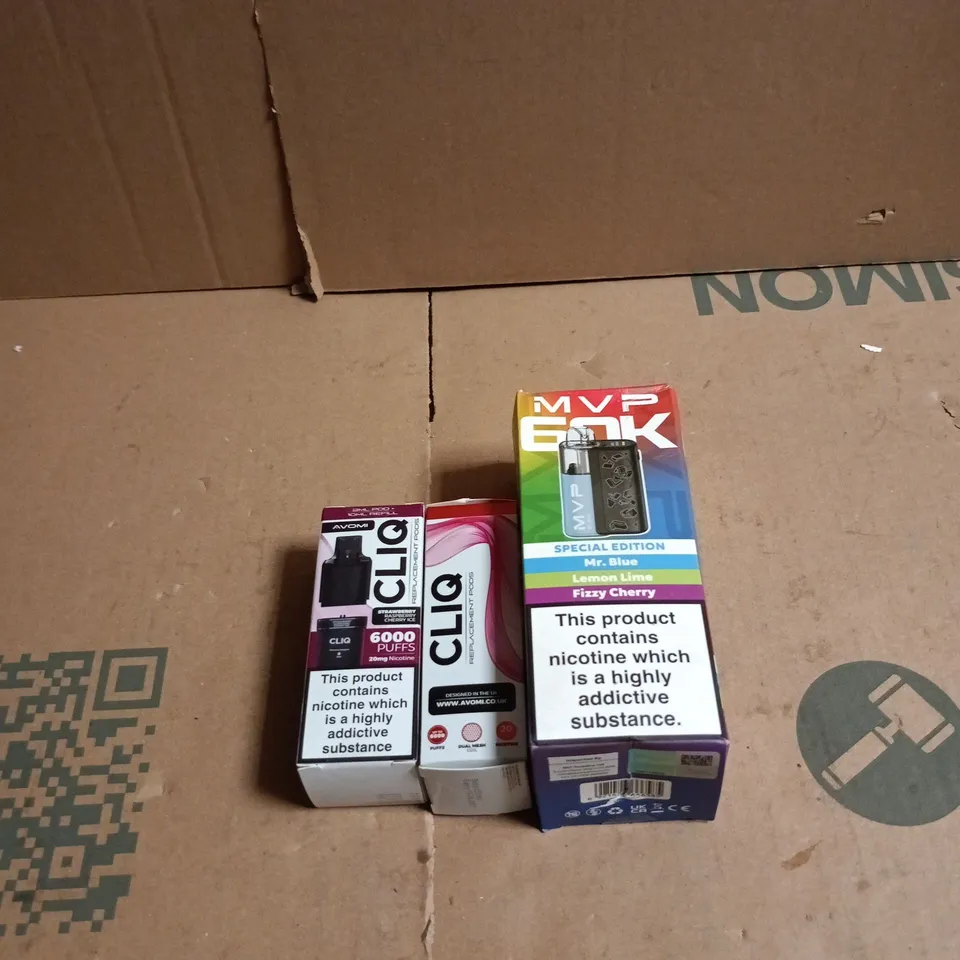 3 X VAPE RELATED PRODUCTS: MVP 60K SPECIAL EDITION, CLIQ AVOMI STRAWBERRY RASPBERRY CHERRY ICE/STRAWBERRY WATERMELON