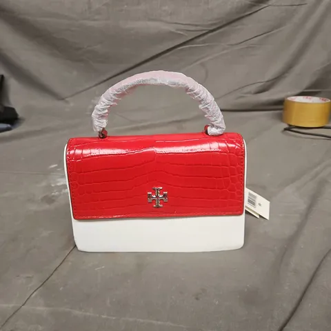 TORY BURCH KIRA CROC MINI TOP-HANDLE CHAIN WALLET – RED SKY OS