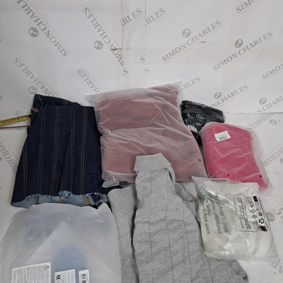 LARGE BOX OF ASSORTED CLOTHING ITEMS IN VARIOUS COLOURS AND SIZES INCLUDING TROUSERS , TOPS AND JUMPERS 