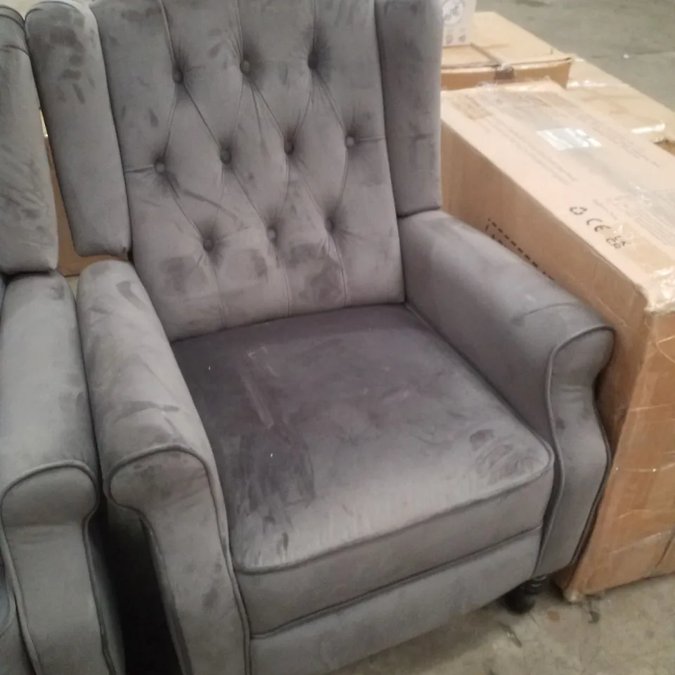 GREY VELVET BUTTON BACK ARMCHAIR 