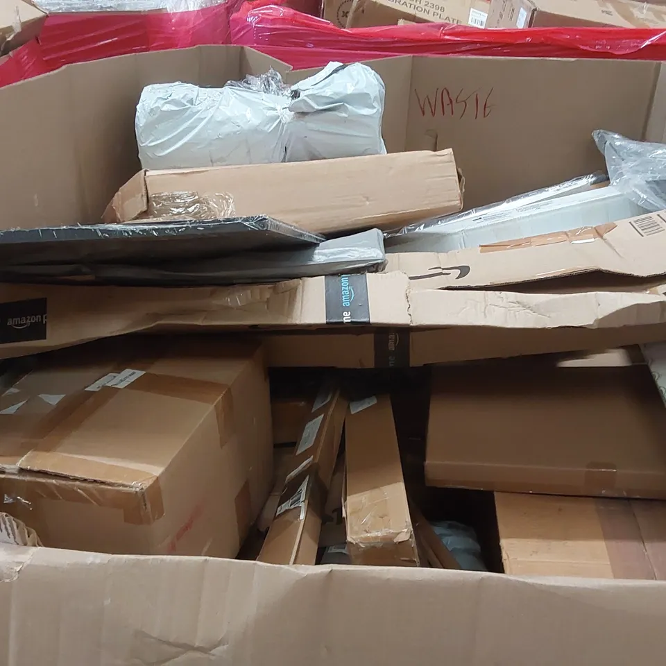 PALLET OF ASSORTED ITEMS INCLUDING: RETRACTABLE BABY GATES, AUTOMATIC REBOUND WHEEL, CORDLESS LEAF BLOWER, PICTURE FRAMES ECT