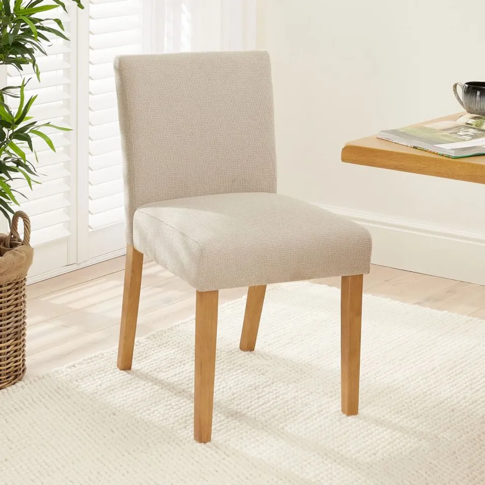 BOXED MONTY NATURAL OATMEAL FABRIC DINING CHAIR WITH OAK LEGS