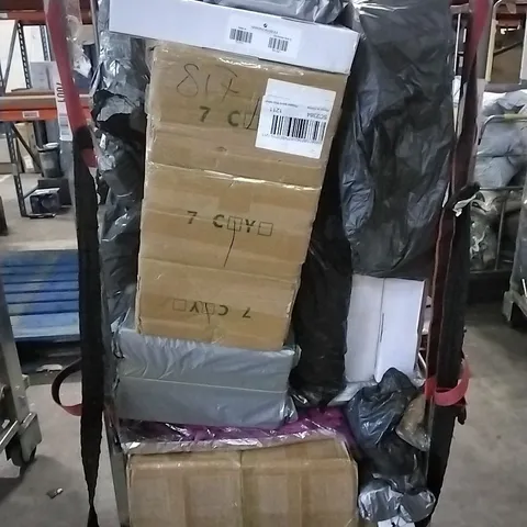 CAGE OF ASSORTED HOUSEHOLD GOODS TO INCLUDE WALLPAPER, COSMETIC MIRROR AND CAST IRON PAN