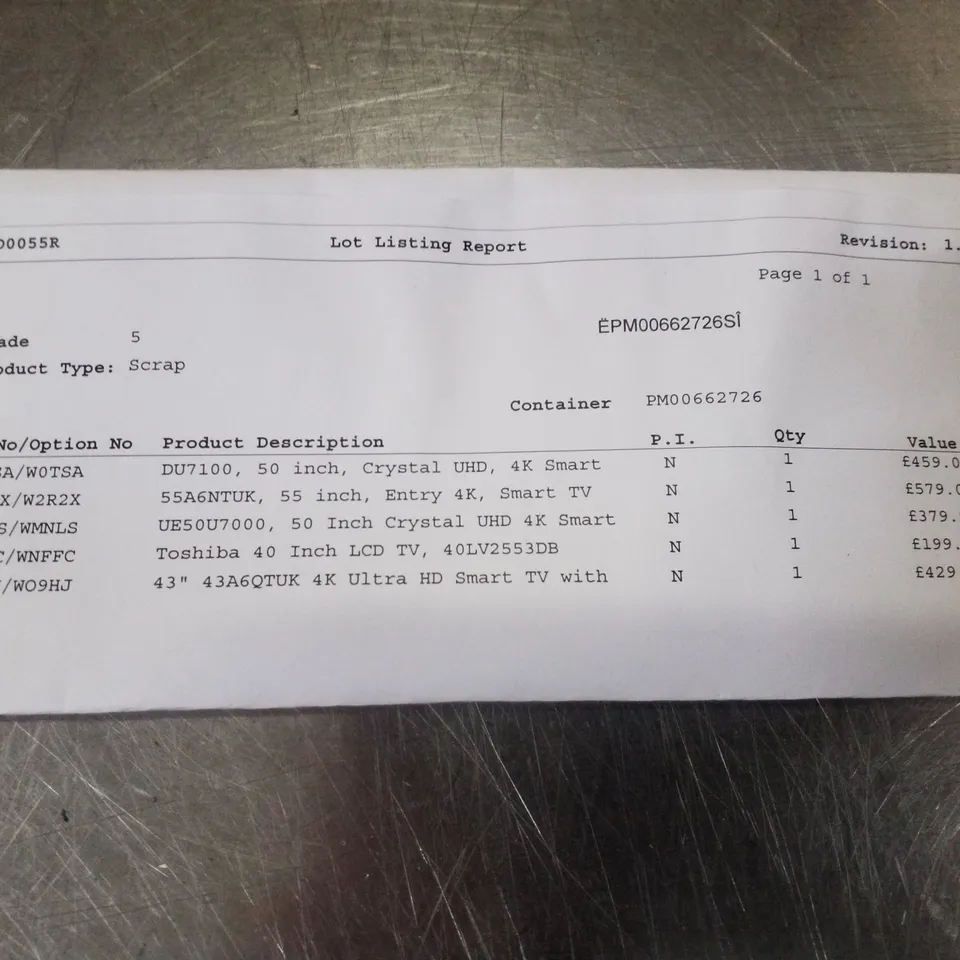 PALLET OF 5 ASSORTED DAMAGED TVS INCLUDING