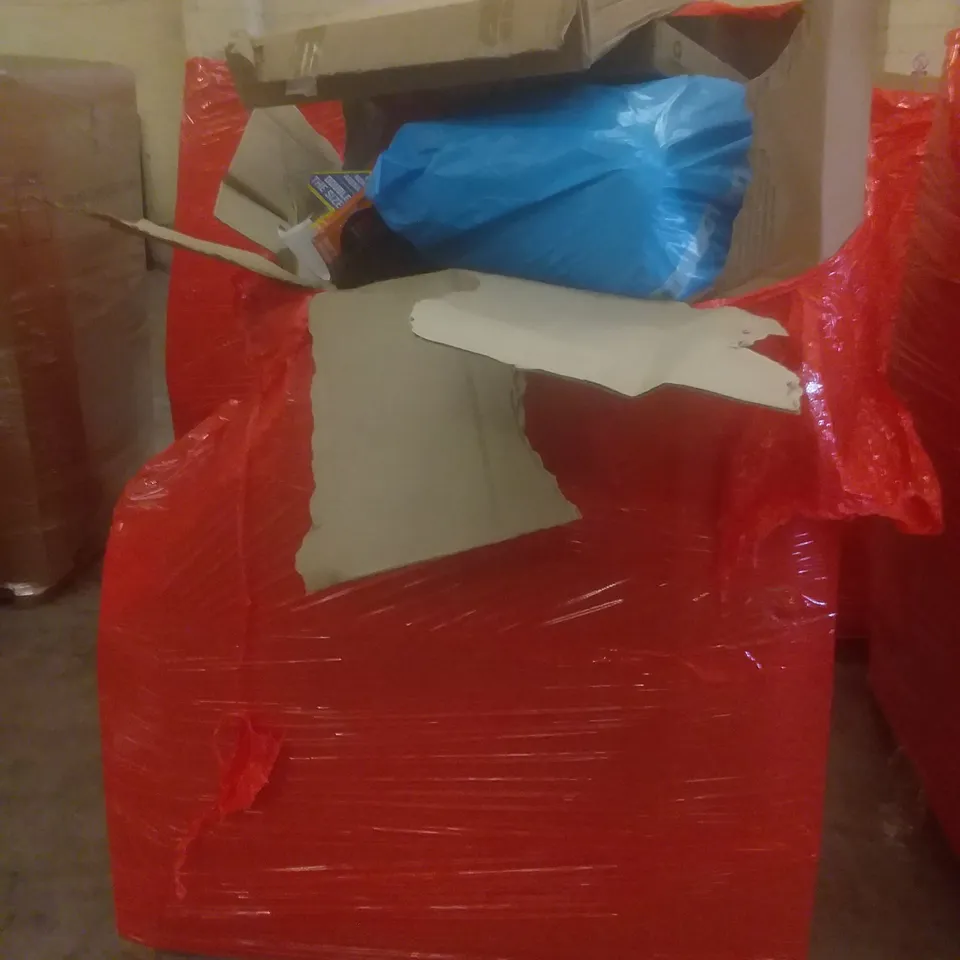 PALLET OF ASSORTED ITEMS INCLUDING BODY BOARD, DOUBLE ARM MOUNT, SLIM WALL MOUNT, BATTLEBOTS