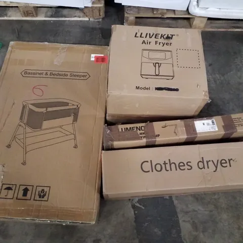 PALLET CONTAINING ASSORTED PRODUCTS TO INCLUDE CLOTHES DRYER, LED MAGNIFYING LAMP, AIR FRYER, BASSINET & BEDSIDE SLEEPER 