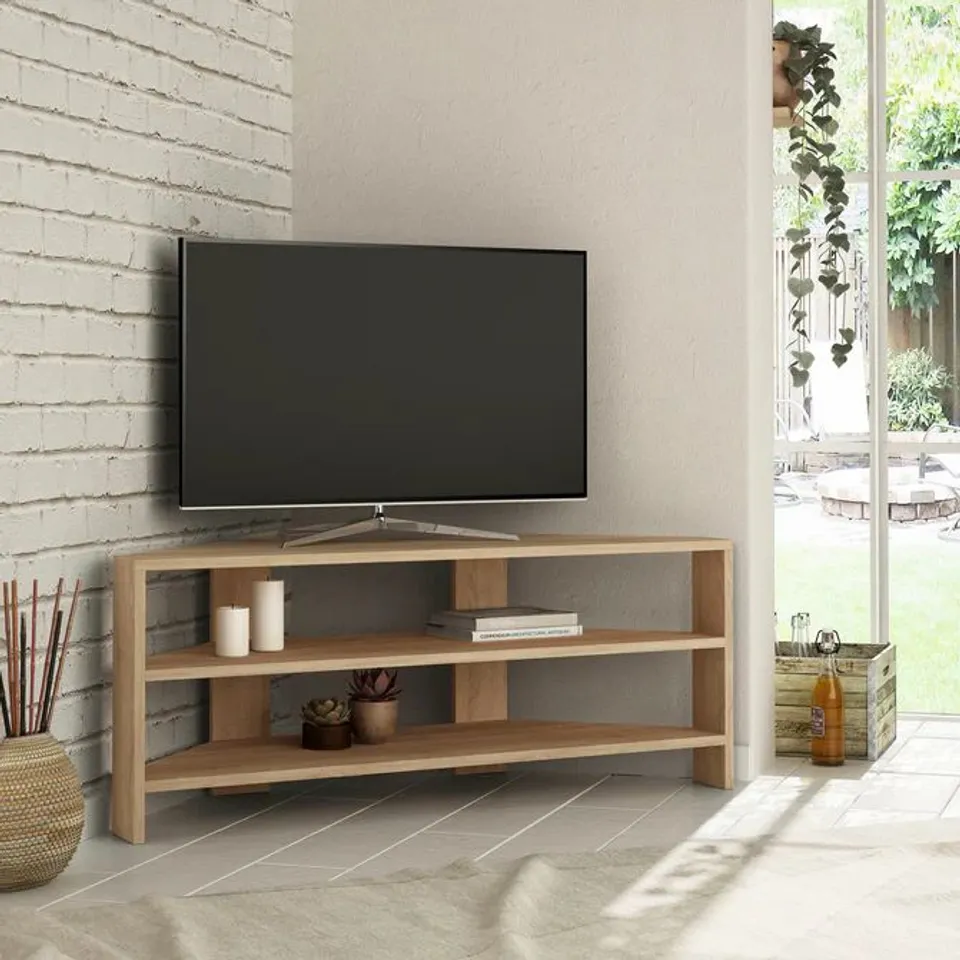 BOXED THALES CORNER MODERN TV STAND MULTIMEDIA CENTRE CORNER 110CM - OAK (1 BOX)