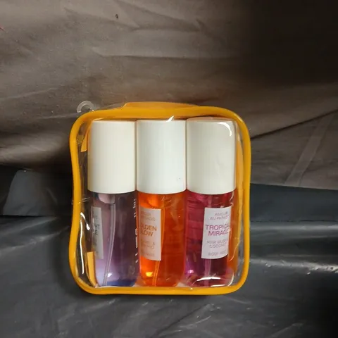 FRAGRANCE TRAVEL SET –  3 X MINI BODY MIST BOTTLES IN YELLOW ZIP CASE 