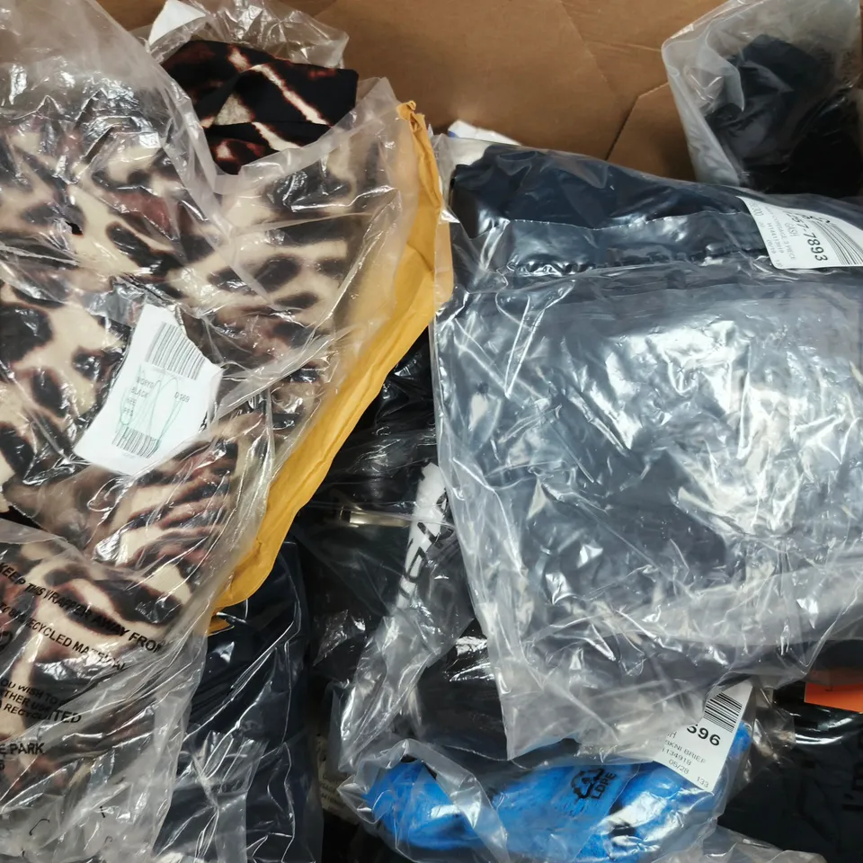 BOX OF APPROXIMATELY 10 ASSORTED CLOTHING ITEMS IN VARIOUS COLORS , SIZES AND STYLES