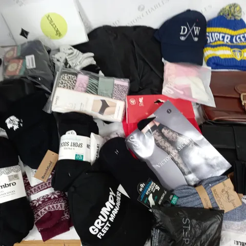 LOT OF ASSORTED CLOTHING ACCESSORIES TO INCLUDE BAGS, SOCKS, BRIEFS AND HATS