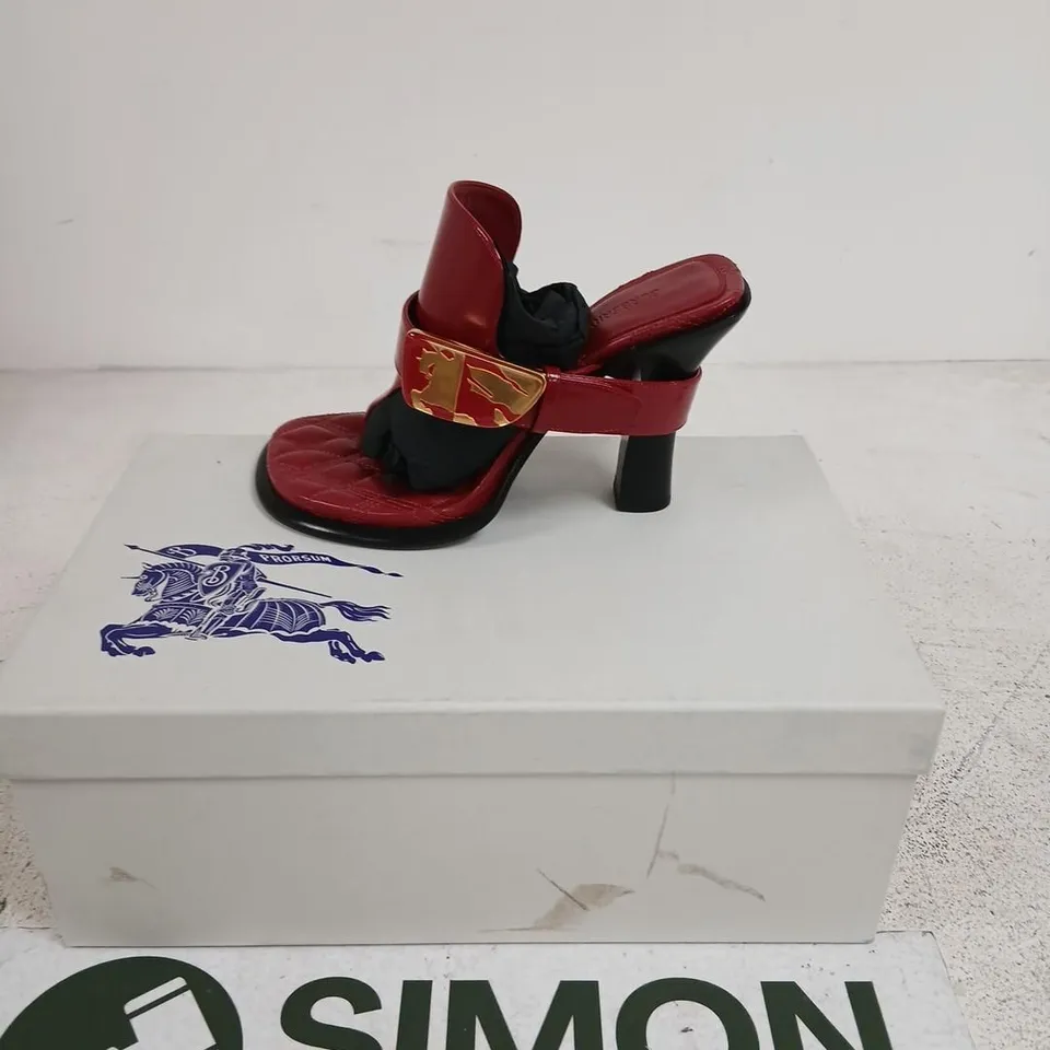 BURBERRY ALF BAY SANDAL – SCARLET RED LEATHER, GOLD BUCKLE, UK4 (EU37)