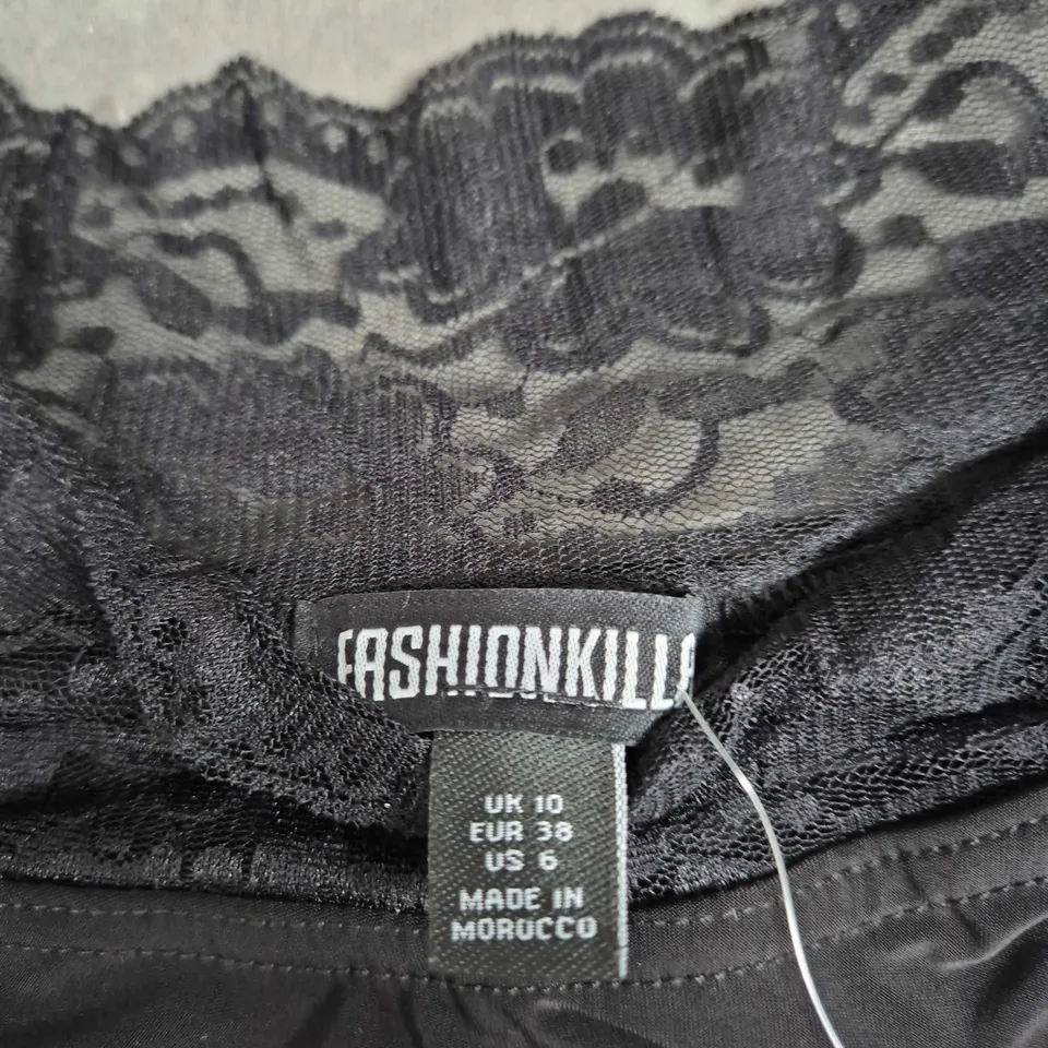 FASHIONKILLA BLACK LACE BARDOT FLARE-SLEEVE MINI DRESS – UK 10