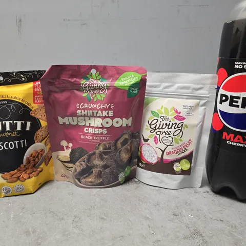 APPROXIMATELY 6 ASSORTED FOOD & DRINK ITEMS TO INCLUDE - PEPSI MAX CHERRY , TUTTI BISCOTTI , MUSHROOM CRISPS ETC