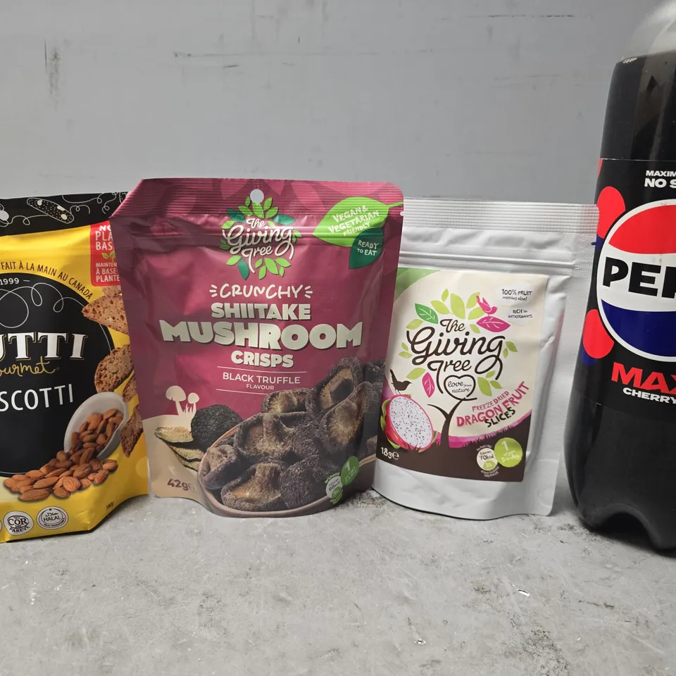 APPROXIMATELY 6 ASSORTED FOOD & DRINK ITEMS TO INCLUDE - PEPSI MAX CHERRY , TUTTI BISCOTTI , MUSHROOM CRISPS ETC