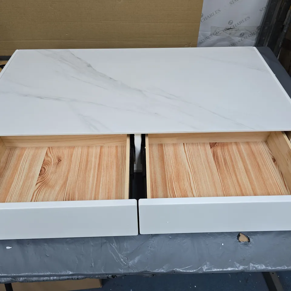 WHITE TWO-DRAWER CABINET WITH FAUX MARBLE TOP