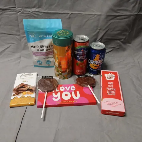 ELEVEN ASSORTED PRODUCTS TO INCLUDE; SAN PELLEGRINO BLOOD ORANGE, ORANGINA, SIMPLY COOK RECIPE KITS, FORTNUM AND MASON CAMOMILE SILKY BAGS, HOTEL CHOCOLAT AND BUTLERS