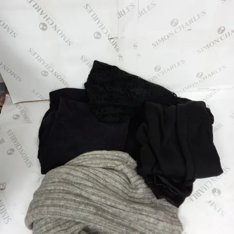LARGE BOX OF ASSORTED CLOTHING ITEMS IN VARIOUS COLOURS AND SIZES INCLUDING TROUSERS , TOPS AND JUMPERS 