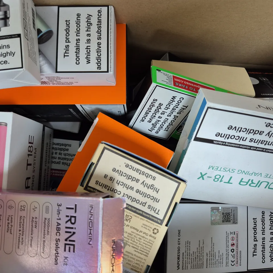 BOX OF APPROXIMATELY 20 ASSORTED VAPING ITEMS AND PRODUCTS TO INCLUDE VAPORESSO, ASPIRE, ETC