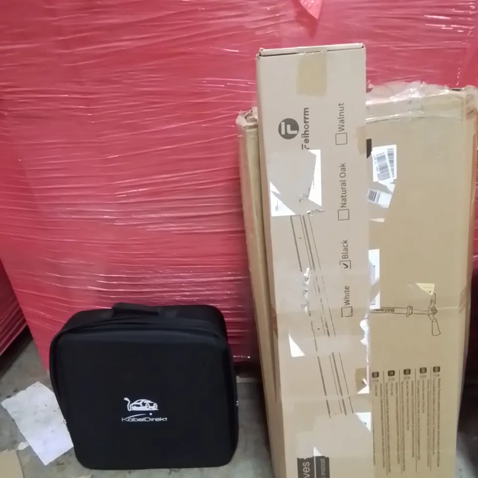 PALLET OF ASSORTED HOUSEHOLD GOODS AND PRODUCTS TO INCLUDE;FLOATING SHELVES,SCOOTER,ELECTRIC CAR CHARGER