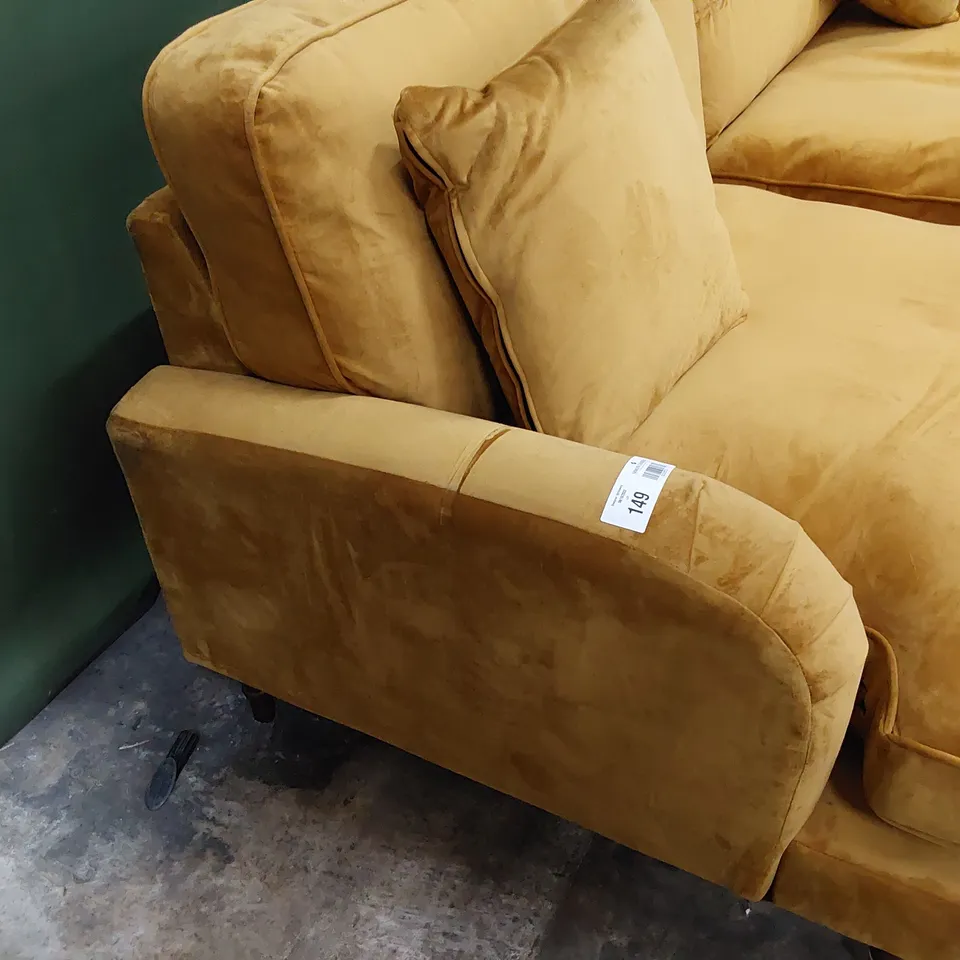 DESIGNER FABIOLA THREE SEATER SOFA MUSTARD PLUSH FABRIC ON BRASS CASTOR FEET