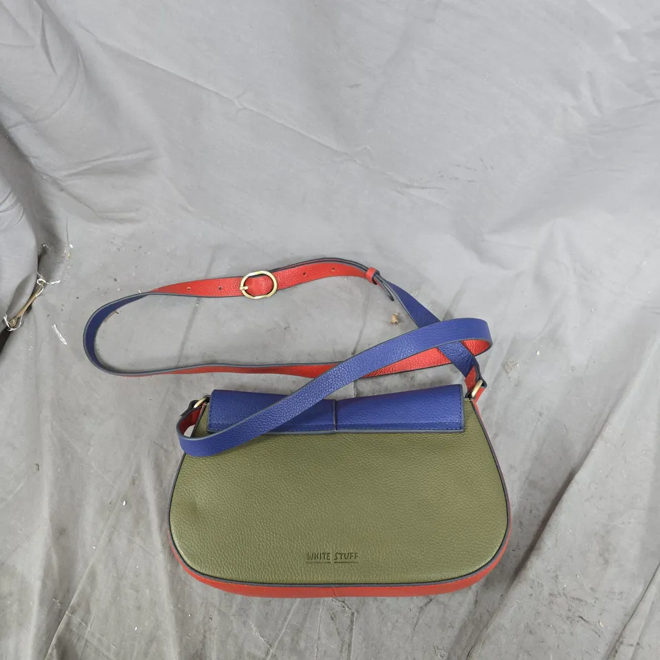WHITE STUFF CROSSBODY BAG – BLUE FLAP, OLIVE BODY WITH RED TRIM