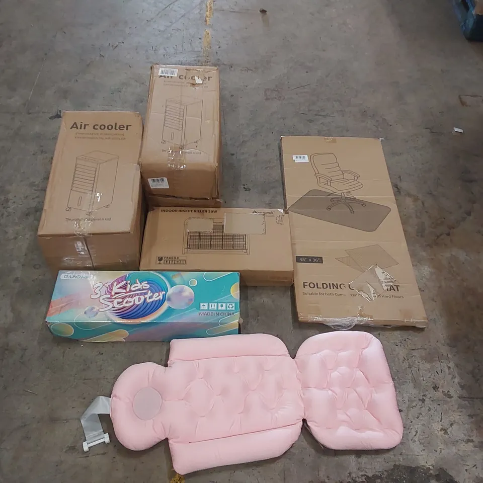 PALLET OF ASSORTED ITEMS INCLUDING: AIR COOLERS, INSECT KILLER, KIDS SCOOTER, CHAIR MAT ECT