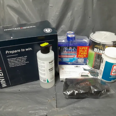 APPROXIMATELY 12 ASSORTED HOUSEHOLD ITEMS TO INCLUDE BLACKBOARD PAINT, AIRBRUSH THINNER, FINISH DISHWASHER DEEP CLEANER, ETC