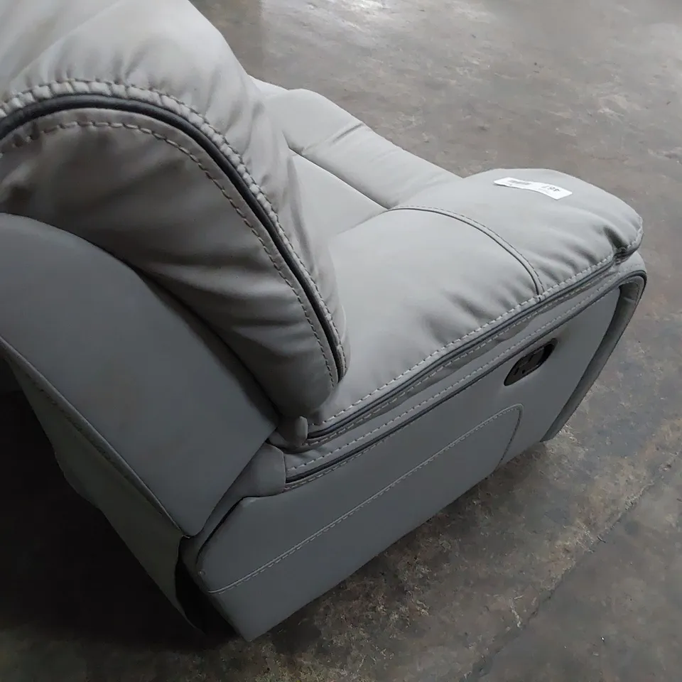 DESIGNER MANUAL RECLINING TWO SEATER SOFA LIGHT GREY LEATHER WITH CONTRASTING PIPING