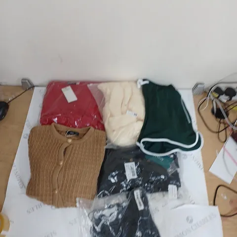 BOX OF ASSORTED CLOTHING ITEMS TO INCLUDE SHORTS, SWEATER, JUMPERS ETC