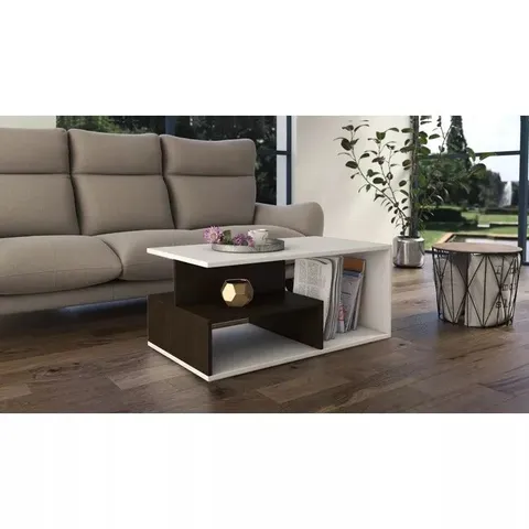 BOXED HOUSE ADDITIONS PRIMA FLOOR SHELF COFFEE TABLE WITH STORAGE WHITE AND WENGE BROWN