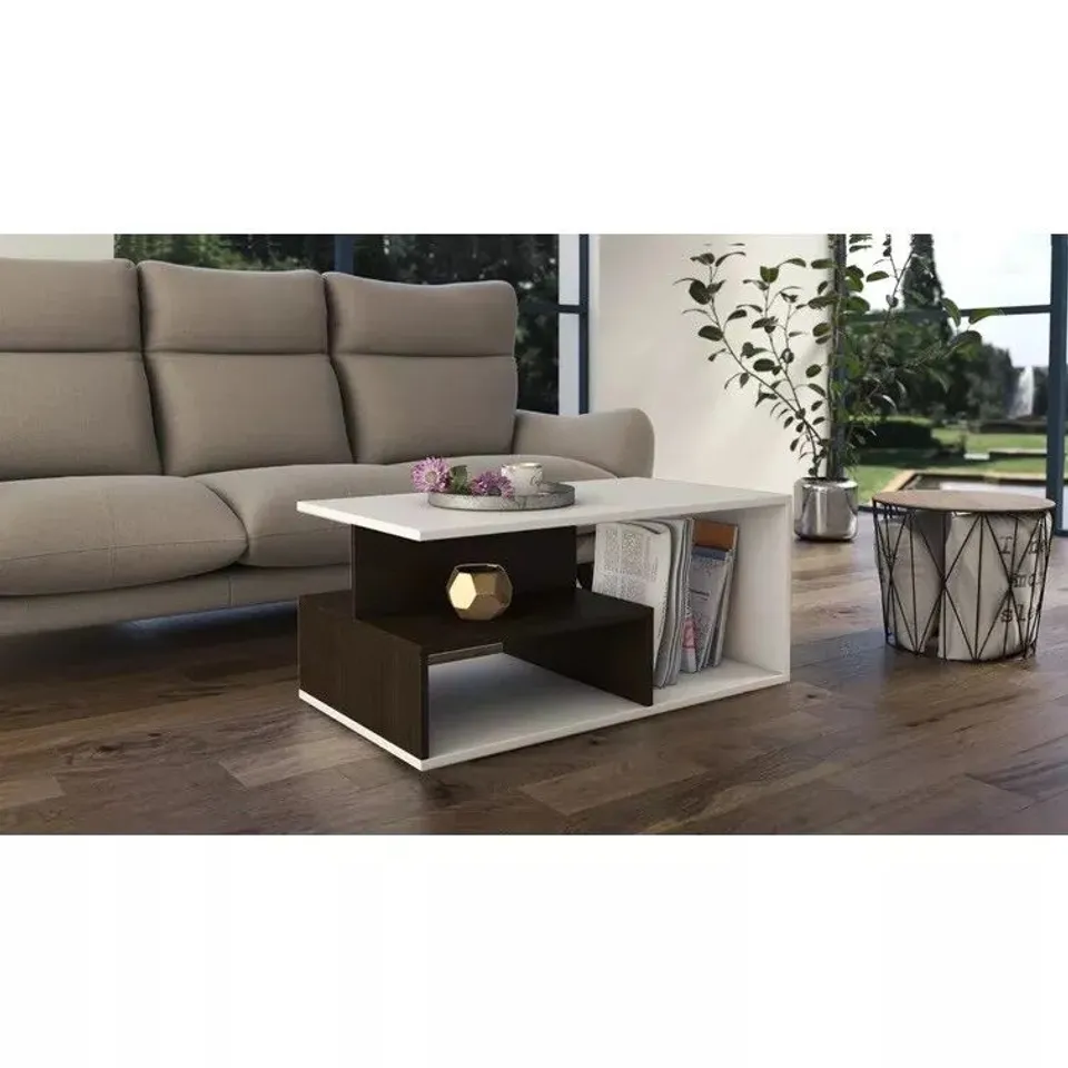 BOXED HOUSE ADDITIONS PRIMA FLOOR SHELF COFFEE TABLE WITH STORAGE WHITE AND WENGE BROWN
