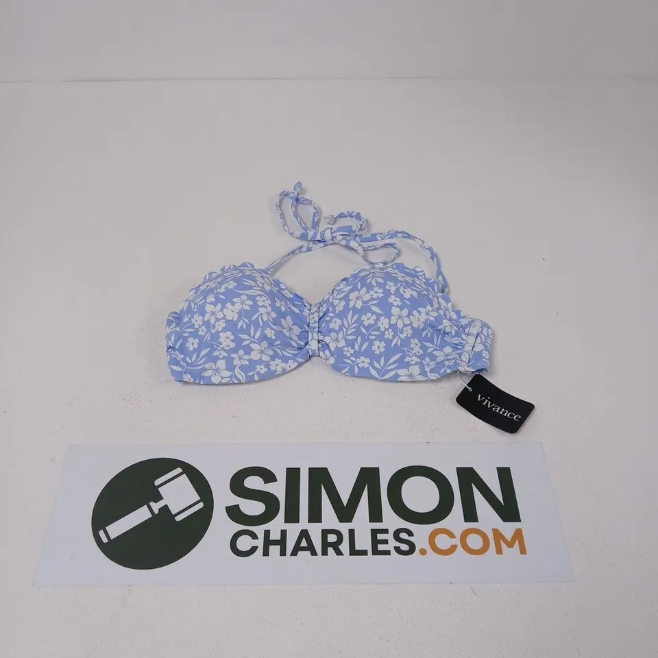 VIVANCE BLUE FLORAL BIKINI TOP WITH HALTERNECK TIES - 34B