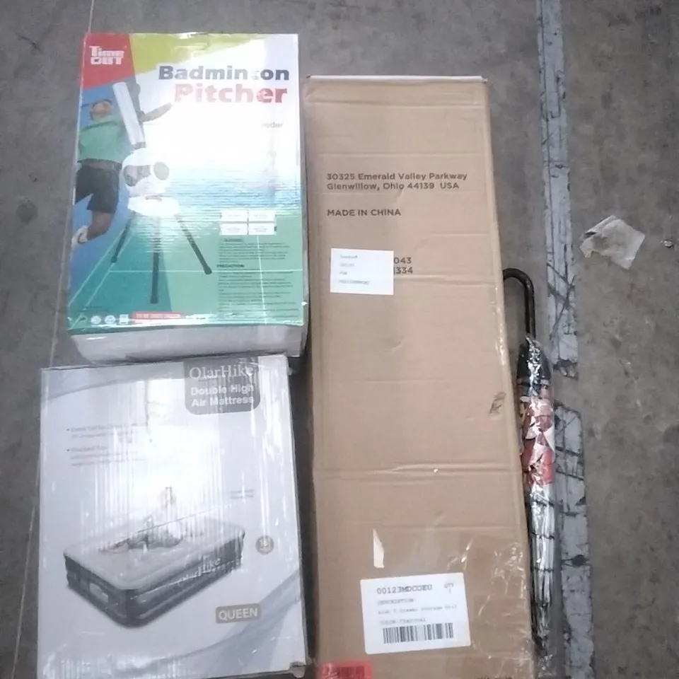 PALLET OF ASSORTED ITEMS INCLUDING OLARHIKE DOUBLE HIGH AIR MATTRESS, BADMINTON PITCHER, ALDO 5 DRAWER STORAGE UNIT, SPIDERMAN UMBRELLA, KITCHEN FAUCET