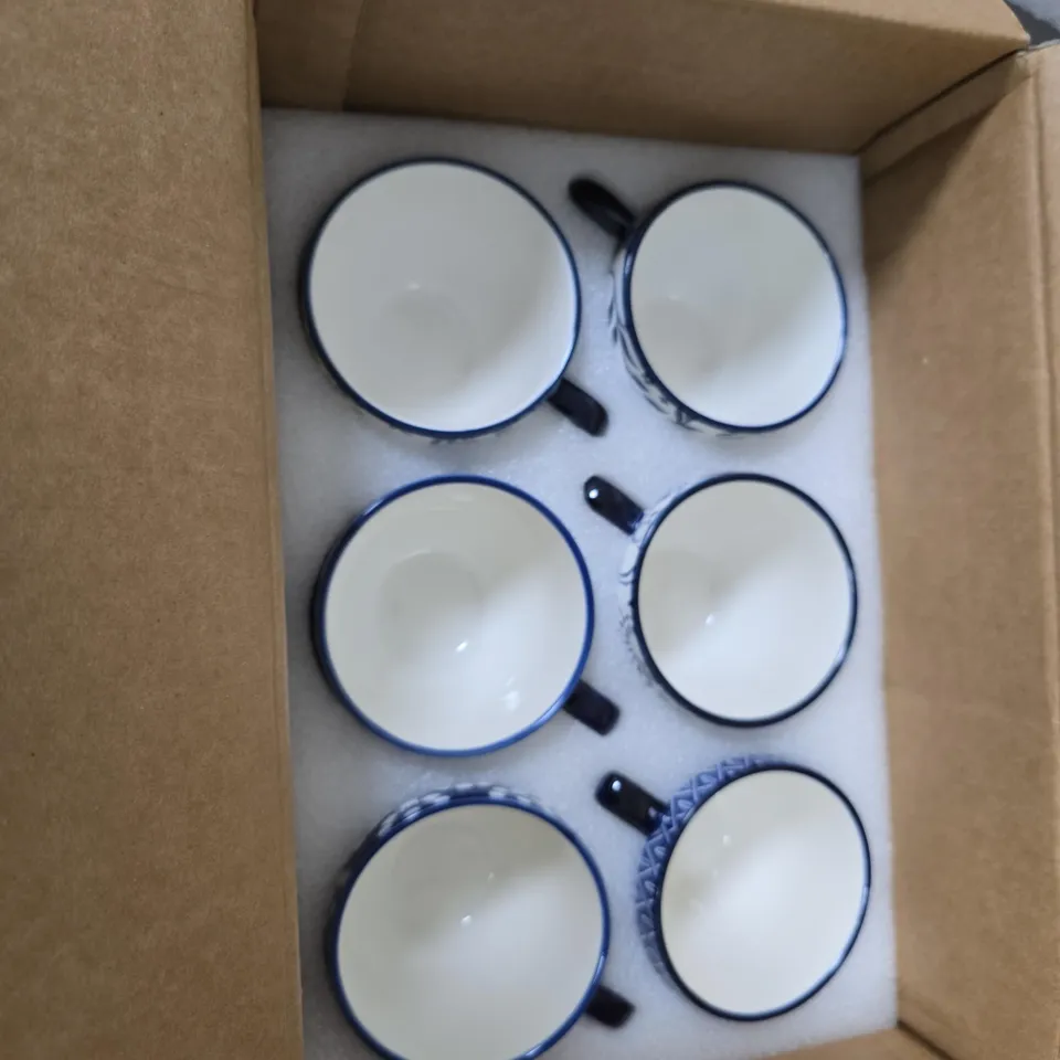 BLUE AND WHITE CERAMIC TEACUPS SET WITH 6 CUPS AND 2 PLATES