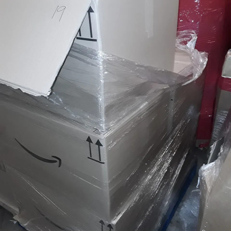 PALLET OF ASSORTED HOUSEHOLD ITEMS TO INCLUDE LENOVO A.C. ADAPTER, SINK TRAYS AND BOXED NECK PILLOW