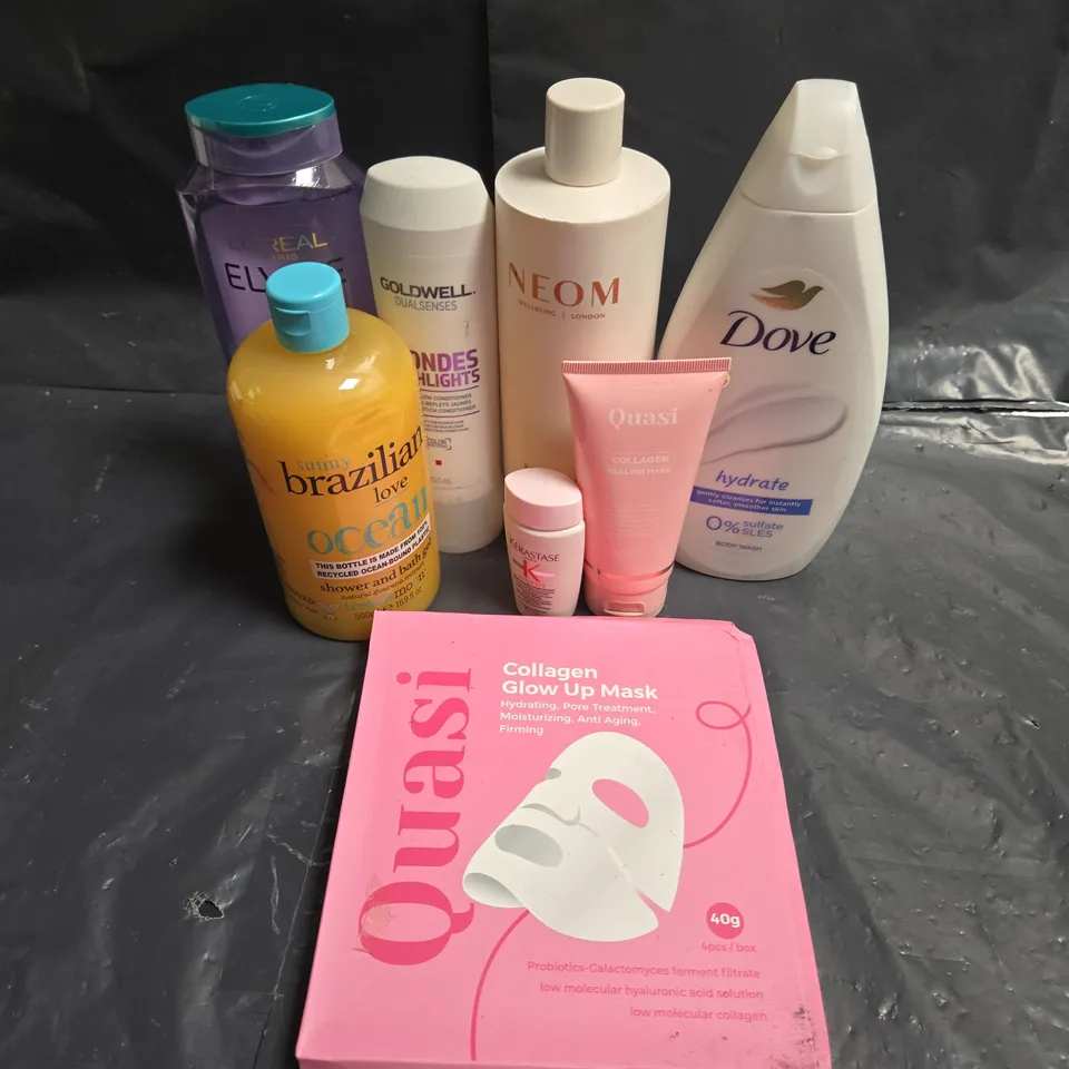 APPROXIMATEY 20 ASSORTED HEALTH AND BEAUTY PRODUCTS TO INCLUDE - QUASI COLLAGEN GLOW UP MASK - NEOM LUXURY BATH FOAM - QUASI COLLAGEN SEALING MASK - ETC