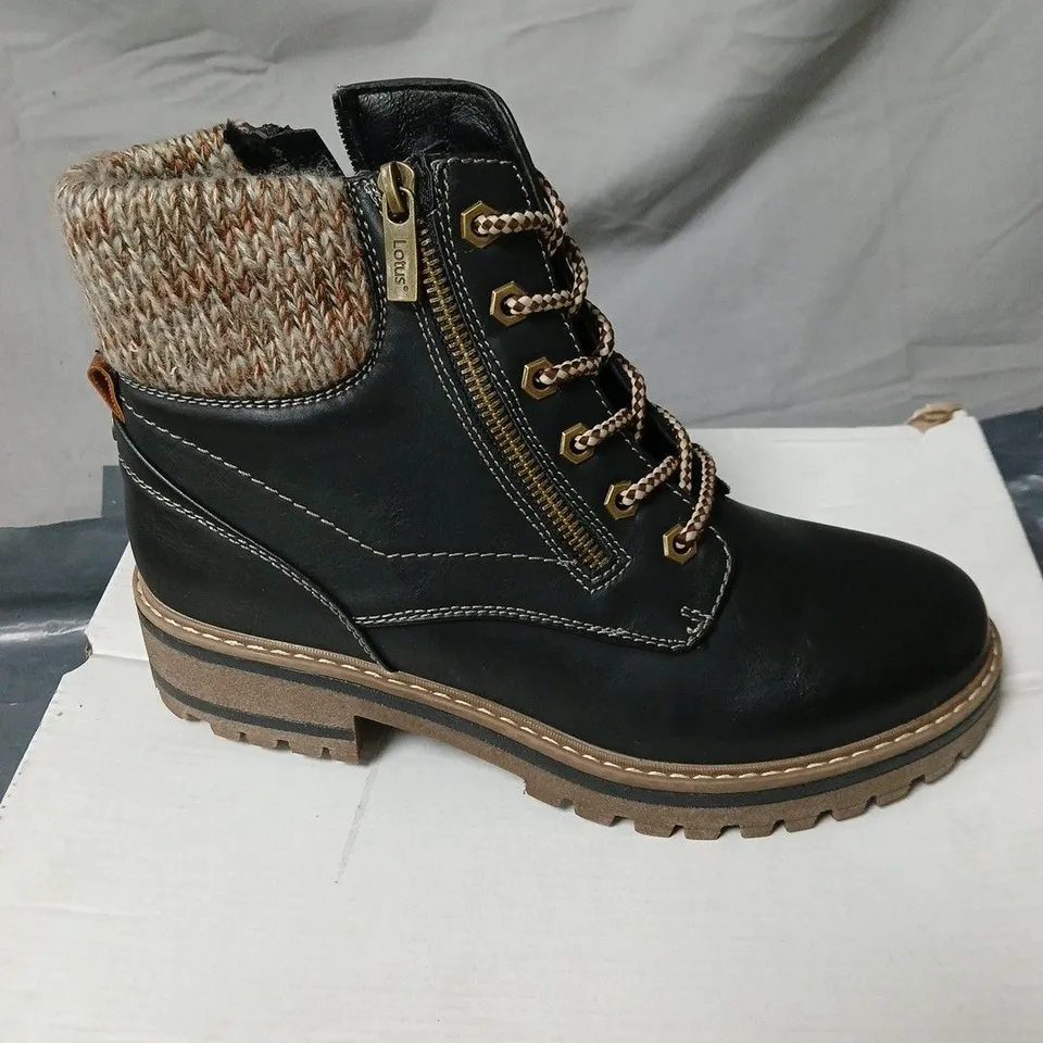 LOTUS BLACK LEATHER ANKLE BOOT WITH KNIT COLLAR, LACE-UP AND SIDE ZIP SIZE 7 BOXED