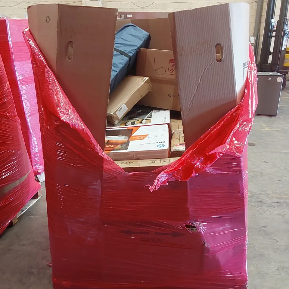 PALLET OF ASSORTED HOUSEHOLD GOODS AND PRODUCTS TO INCLUDE; PRINTERS, AIR PURIFIER, AIR FRYER, TABLE GRILL, HOT PLATE, BOXED FURNITURE ETC 