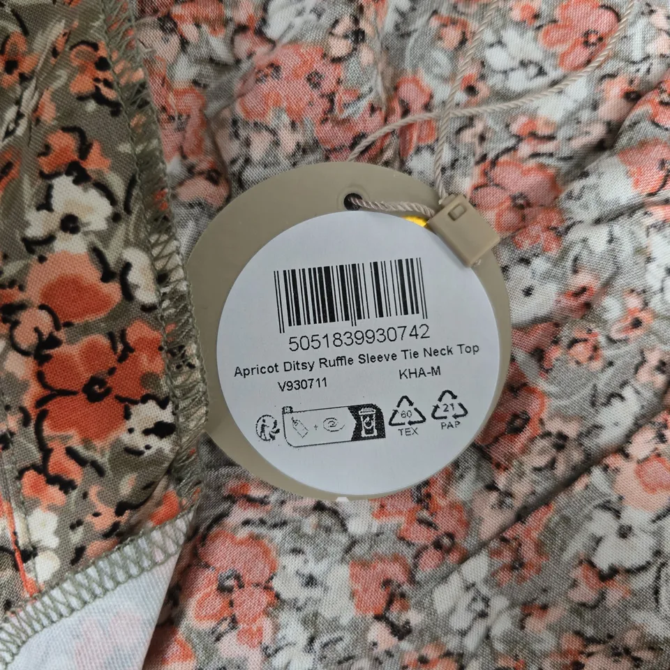 APRICOT DITSY RUFFLE SLEEVE TIE NECK TOP – FLORAL ORANGE (UK 12 / EUR M / US M)