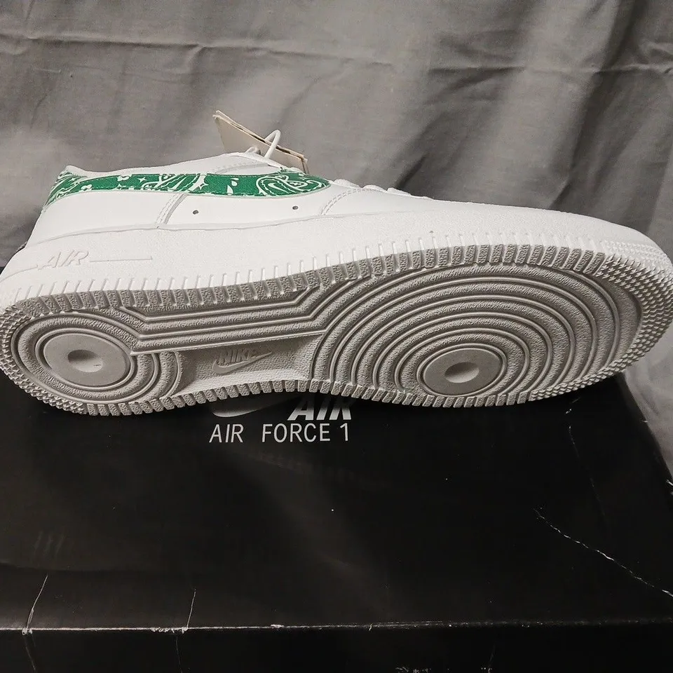 NIKE AIR FORCE 1 LOW WHITE SNEAKERS WITH GREEN PAISLEY SWOOSH – BOXED. UK SIZE 7.5