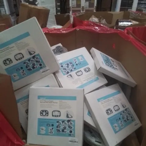 PALLET OF ASSORTED HOUSEHOLD GOODS AND FURNITURE TO INCLUDE; LARGE QUANTITY OF E??MOVE 2-IN-1 POP UP TARGET, GOAL AND ROLL DOWN STUMPS