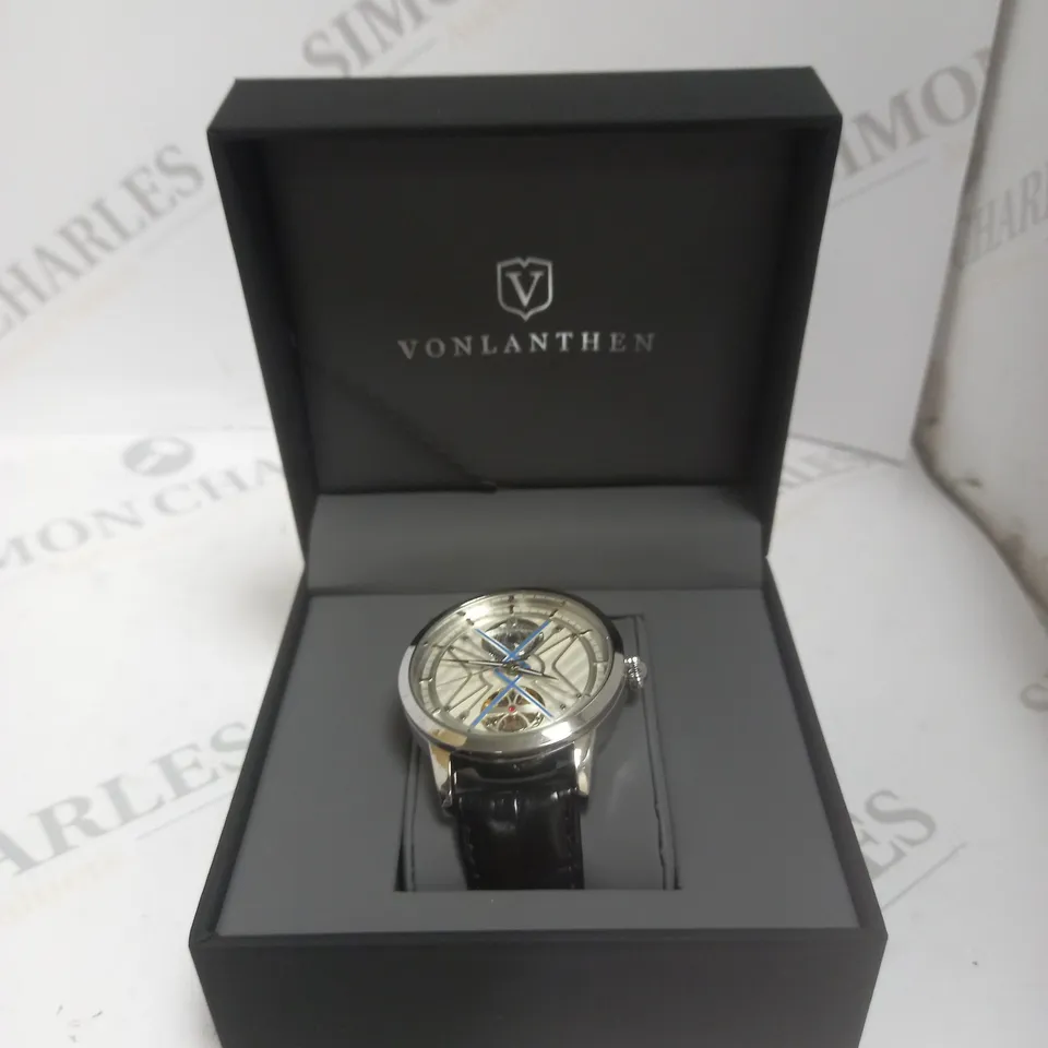 MENS VONLANTHEN AUTOMATIC WATCH – SILVER AND BLUE TEXTURED DIAL – SILVER COLOUR CASE - GLASS EXHIBITION BACKCASE – BLACK LEATHER STRAP