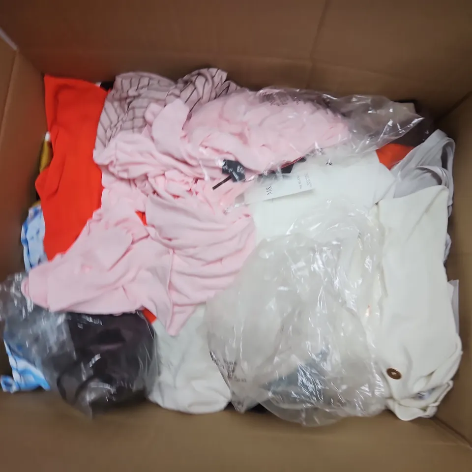 APPROXIMATELY 35 ASSORTED CLOTHING ITEMS IN VARIOUS SIZES, STYLES & COLOURS TO INCLUDE DRESSES, SOCKS, TOPS, ETC