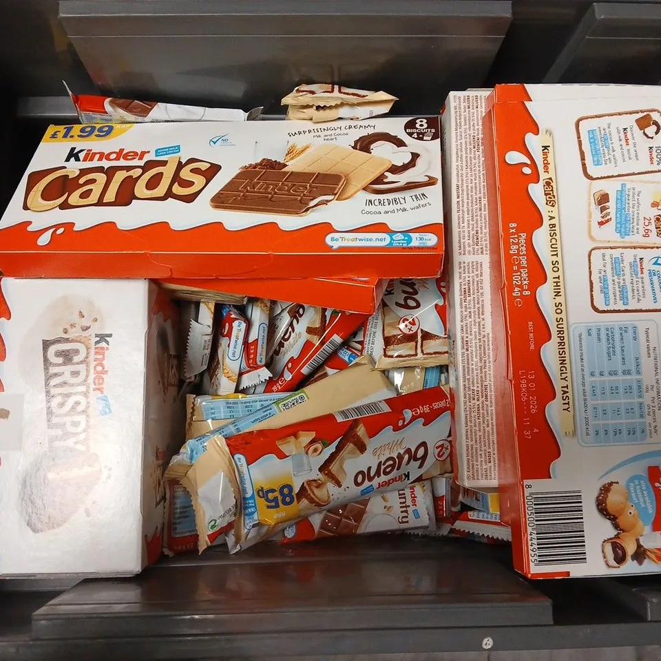 APPROXIMATELY 20 ASSORTED KINDER PRODUCTS TO INCLUDE BEUNO, CARDS & CRISPY, ETC