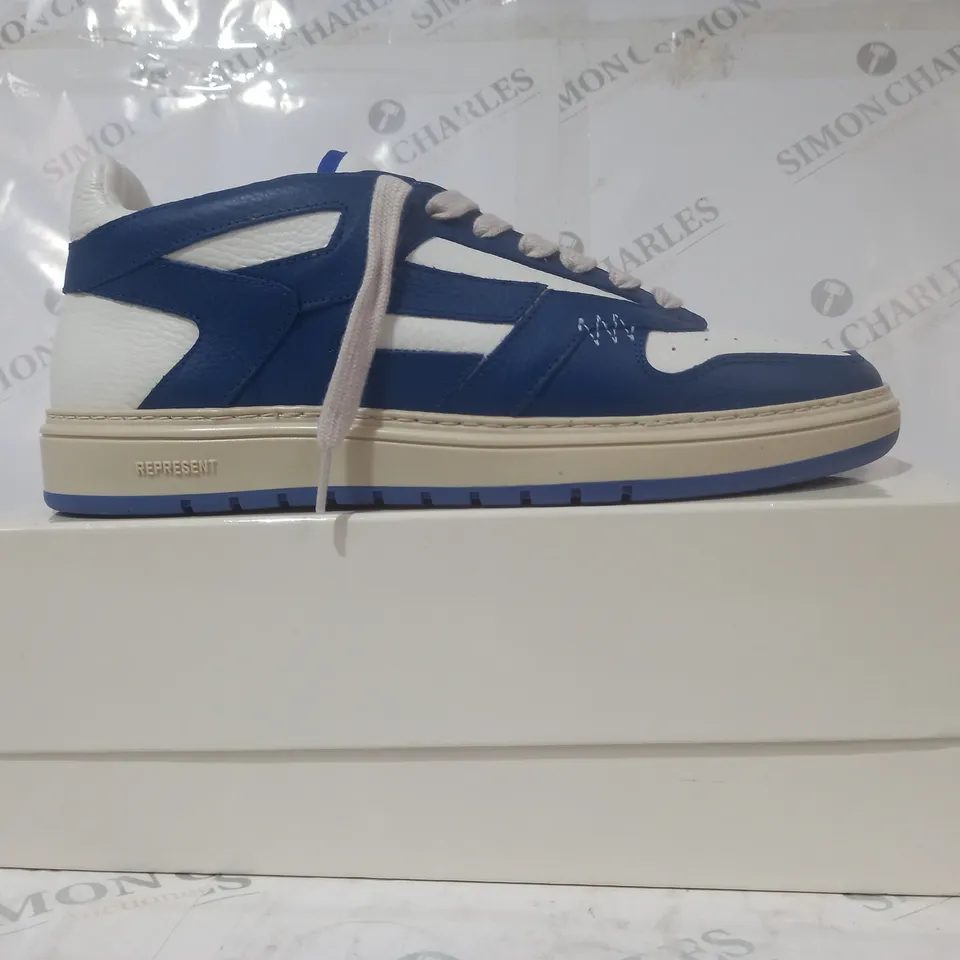 BOXED PAIR OF REPRESENT LEATHER TRAINERS IN WHITE/BLUE SIZE 13