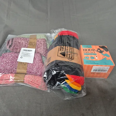 LARGE BOX OF ASSORTED ITEMS TO INCLUDE CLOTHING, BOOB TAPE AND UMBRELLA'S - COLLECTION ONLY 